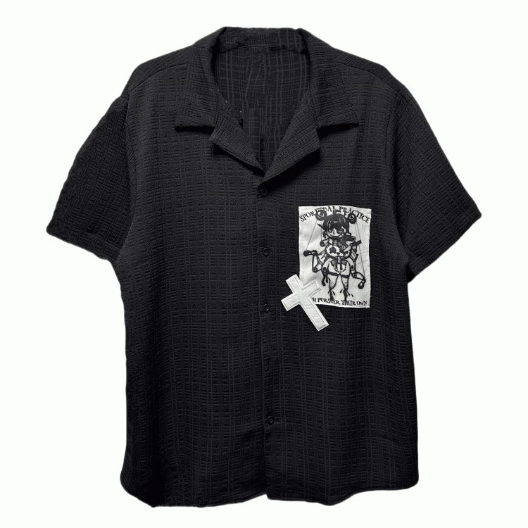 Punk Applique Black/White Notched Collar Short Sleeves Shirt