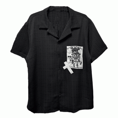 Punk Applique Black/White Notched Collar Short Sleeves Shirt