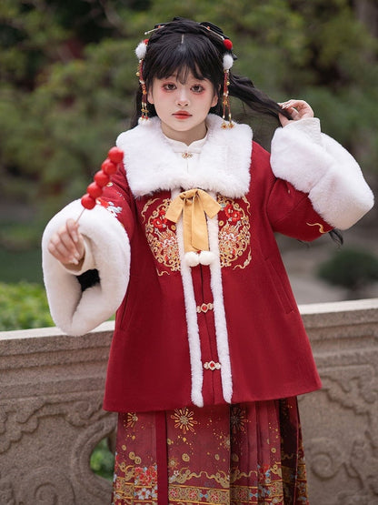 Plus Size New Year Red Embroidered Coat with Plush Collar and Cuffs