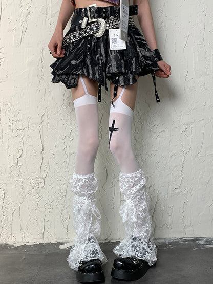 White Y2K Bittersweet Star Pattern Self-tie Strap Leg Sleeves