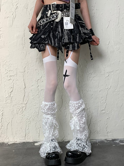 White Y2K Bittersweet Cross Print Suspender Stockings