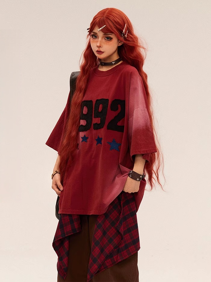 Beige/Red Faded Wash Number and Star Embroidery Vintage T-shirt