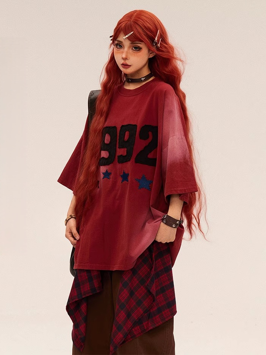 Beige/Red Faded Wash Number and Star Embroidery Vintage T-shirt