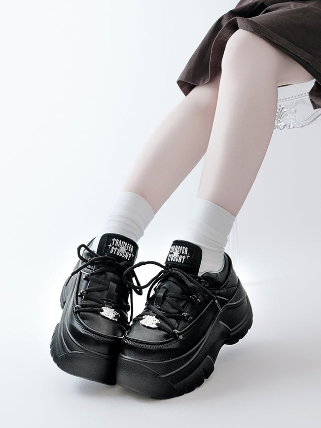PU Mattend Black Jirai Kei Platform Sneakers with Lace-Up Design