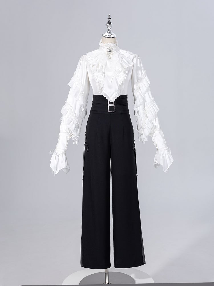 Ruffled High Neck Black Bead Chain and Cascading Ruffles Long Sleeves Siren Shirt