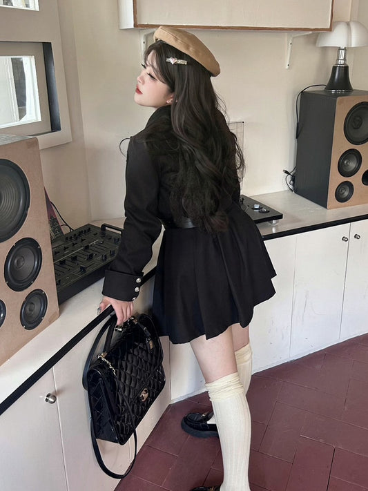 Plus Size - Black Preppy Cropped Blazer Silver-tone Buttons