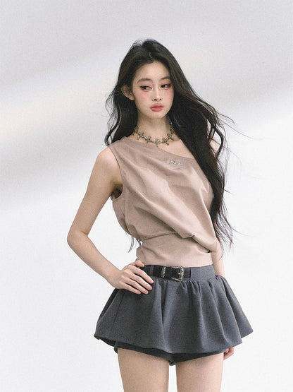 Apricot/Khaki Asymmetrical Neckline Self-tie Bow Back T-shirt