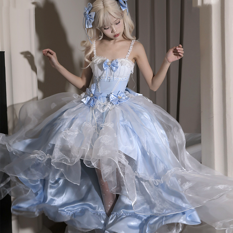 Plus Sizes Available Blue Princess Lolita Boned Waist Top + High-low Cascading Flounce Skirt