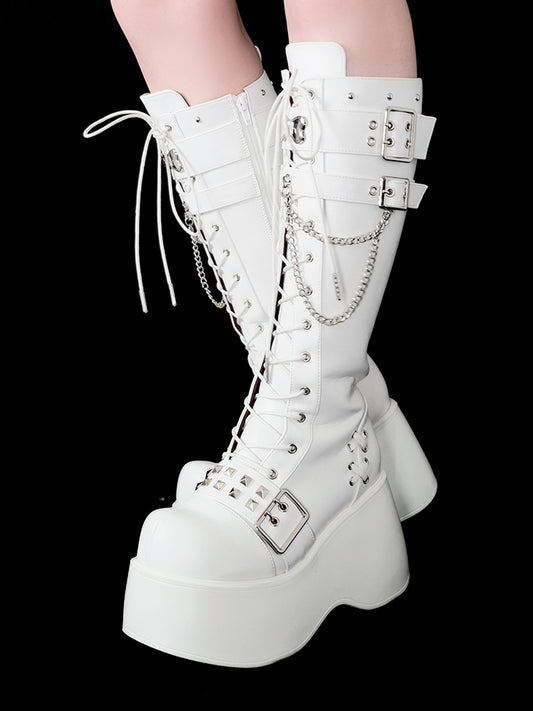 Bone-shaped Metal Plates Matte White Punk Wedge Platform Knee-high Boots with Studs and Chains