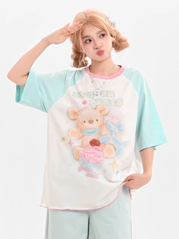 Cute Bear Print Mint Blue Colorblock Design Loose T-shirt