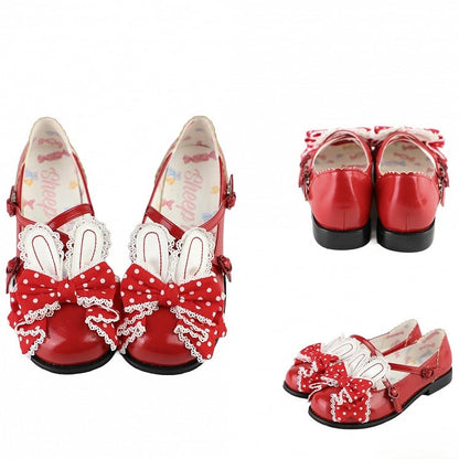 Red Crisscross Design Bunny Ear Polka-dot Pattern Bow at Top Lolita Shoes