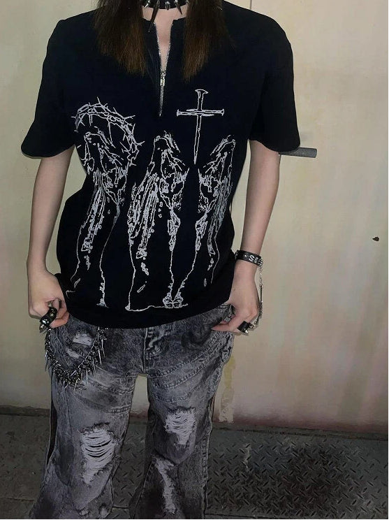 Alt Fashion Black T-Shirt with Cross Religious Figure Print