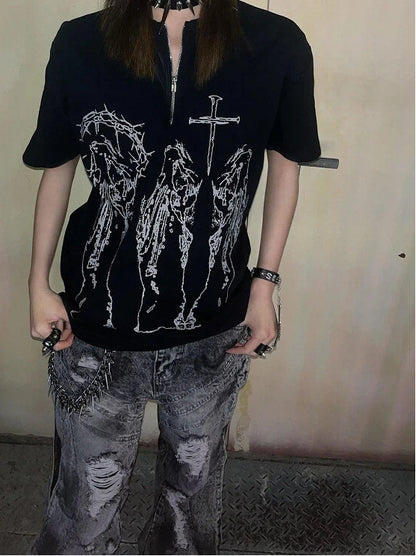 Alt Fashion Black T-Shirt with Cross Religious Figure Print