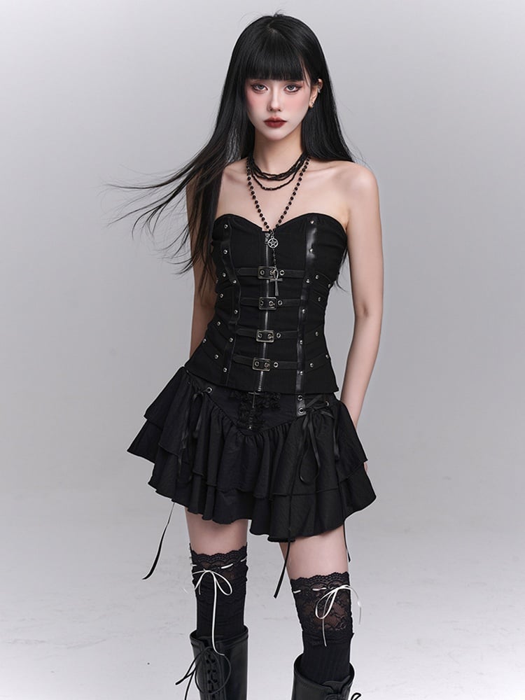 Black Criss-Cross PU Straps Front Zipper and Buckles Placket Studded Strapless Top