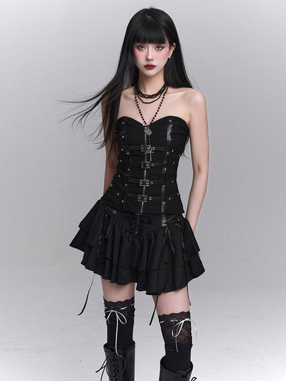 Black Criss-Cross PU Straps Front Zipper and Buckles Placket Studded Strapless Top