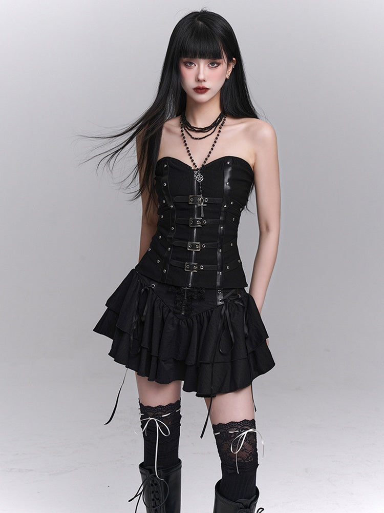 Black Lace-up Waist Studded Lace Cross Tiered Skirt