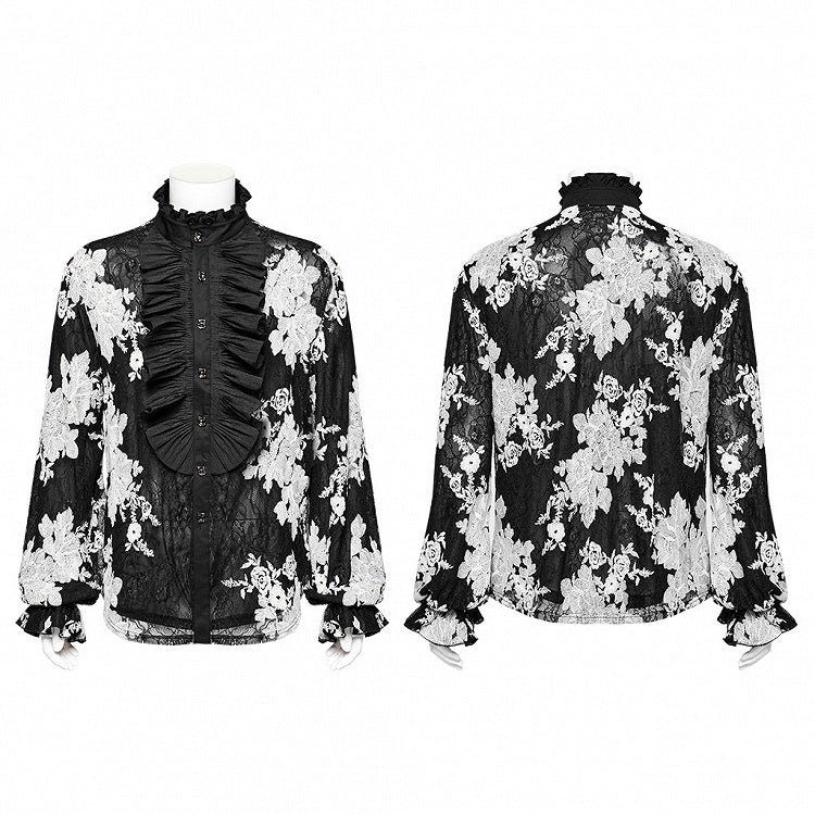 Black and White Goth Men's Floral Shirt