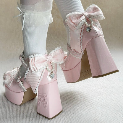Pink Elegant Lolita High Block Heel Mary Janes with Bow Embroidery, Crystal Elements & Striped Fasteners