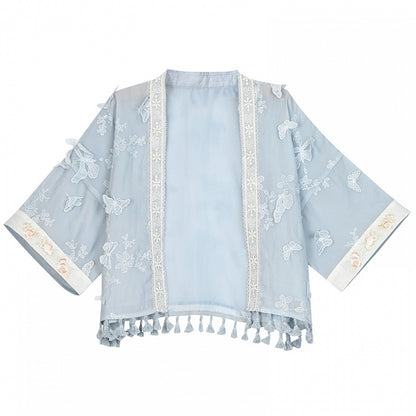 Butterfly Design Blue Floral Embroidery Long Sleeves Top Tassels Hem