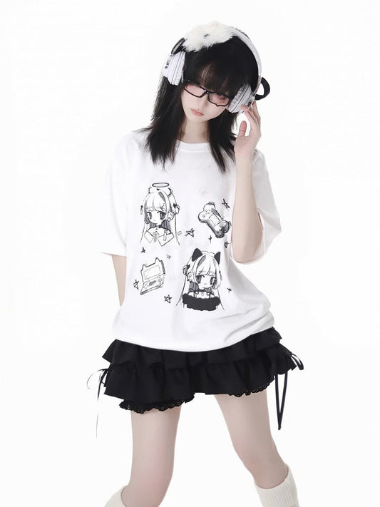 Anime Girl Print White/Dark Gray Round Neck Cotton T-shirt