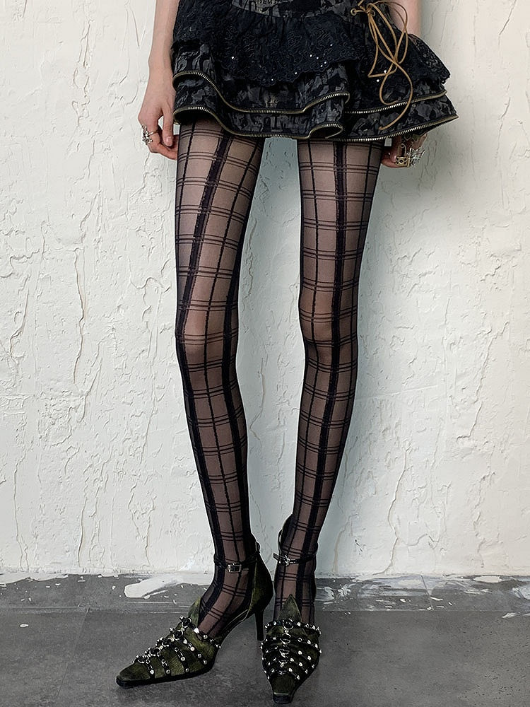 Black Wasteland Punk Plaid Pattern Tights