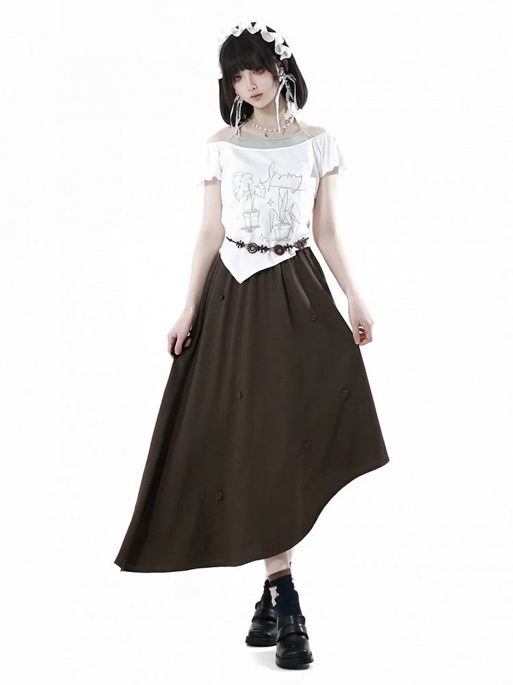 Brown Elastic Waist Asymmetrical Hem Floral Decorated Skirt