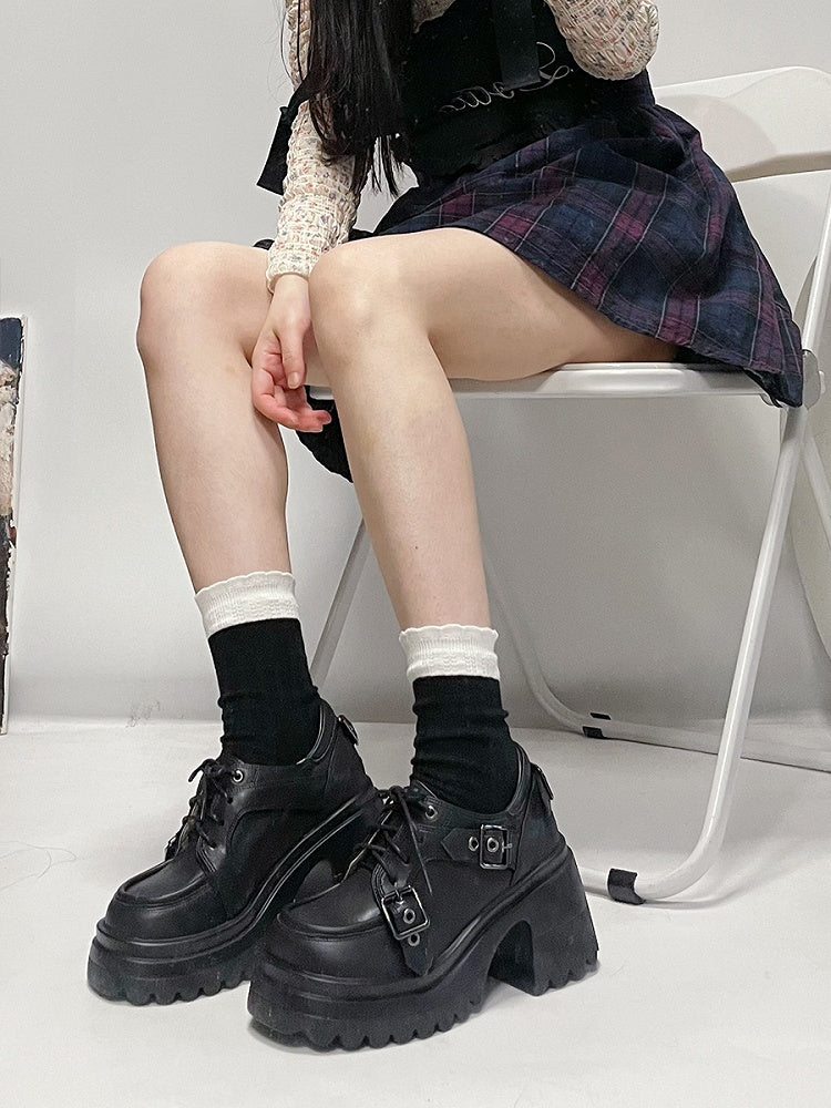 Black Buckle Straps Lace-up Closure Platform High Block Heels Punk Shoes