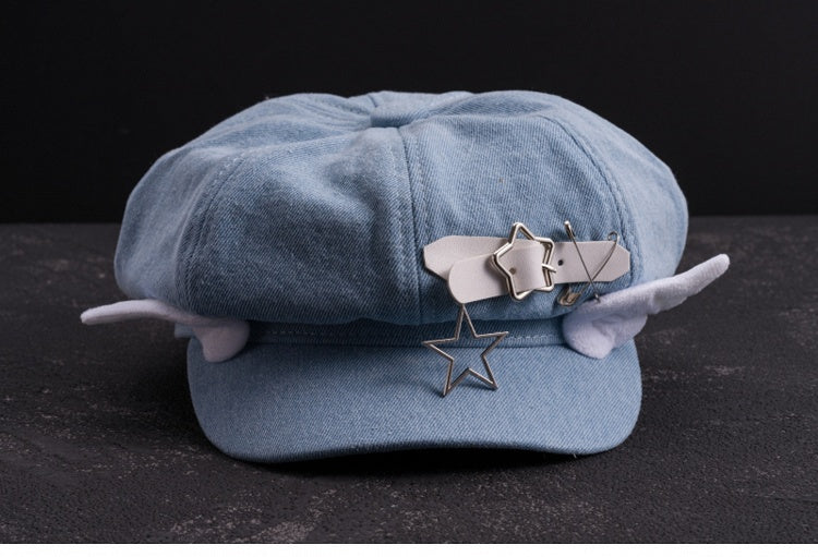 Handmade Star Buckle and Wings Light Blue Denim Hat