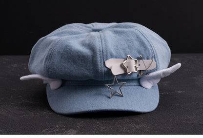 Handmade Star Buckle and Wings Light Blue Denim Hat