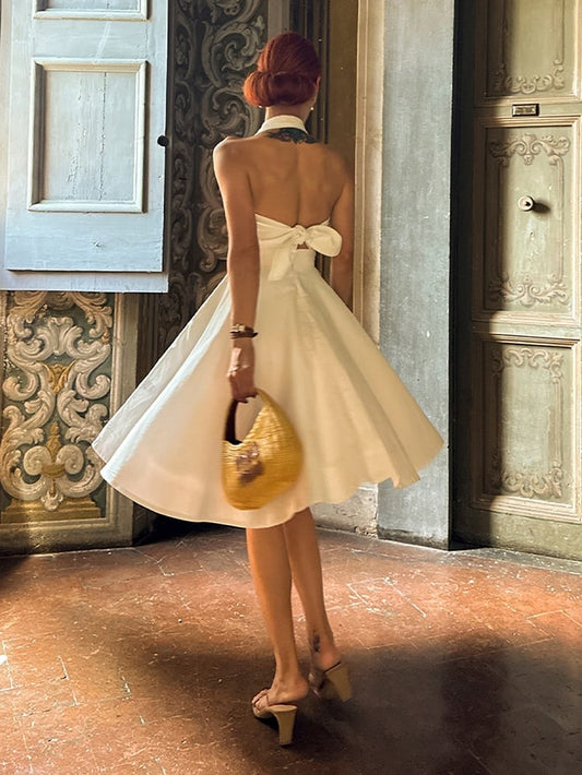 Vintage White Halter Neck Self-tie Straps Backless Top