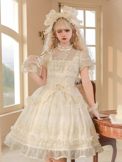 Creamy White Illusion Neckline Short Sleeves Lolita One Piece