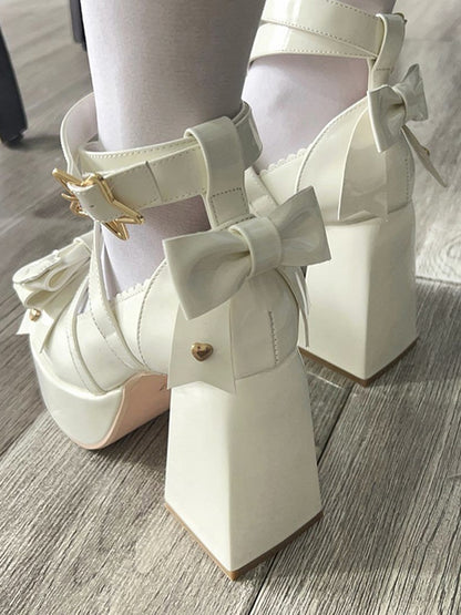 Beige Bow at Top Crisscross Design Sweet Lolita Platform High Block Heels