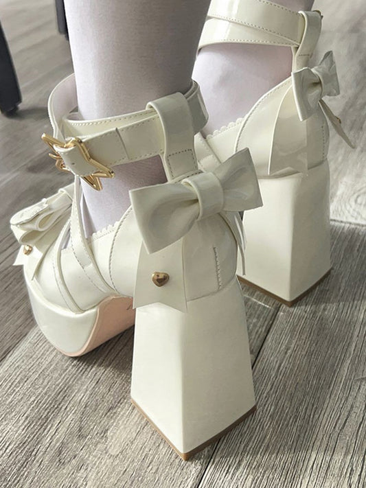 Beige Bow at Top Crisscross Design Sweet Lolita Platform High Block Heels