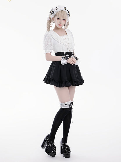Jirai Kei Sailor Collar White Short Sleeves Blouse Bowknot and Sweetheart Rhinestone Decorations
