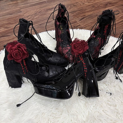 Black/Red Floral Accents, Convenient Back Zip & Crisscross Detail Red Mary Janes in Gothic Style