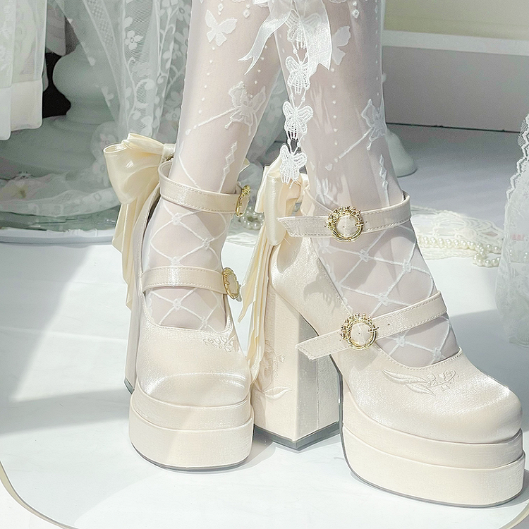 Champagne Detachable Bowknot Lily of the Valley Embroidery High Block Heel Platform Mary Janes