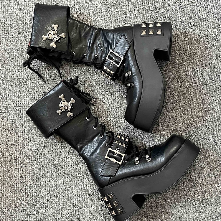 Skull and Studs Black Front Lace-up Punk Chunky Platform Boots