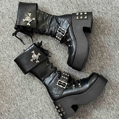 Skull and Studs Black Front Lace-up Punk Chunky Platform Boots