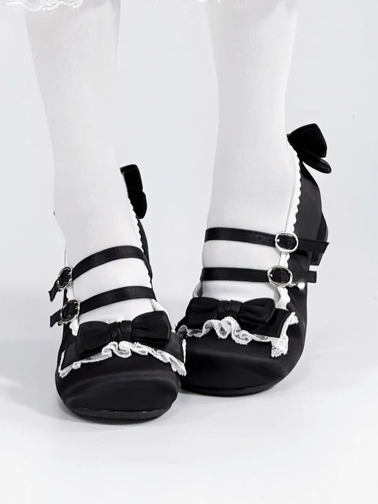 Black Sweet Lolita Low-heel Shoes - Round Toe with Ruffle Lace, Bow Decor & Paired Buckles