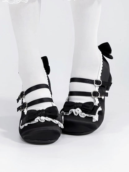 Black Sweet Lolita Low-heel Shoes - Round Toe with Ruffle Lace, Bow Decor & Paired Buckles