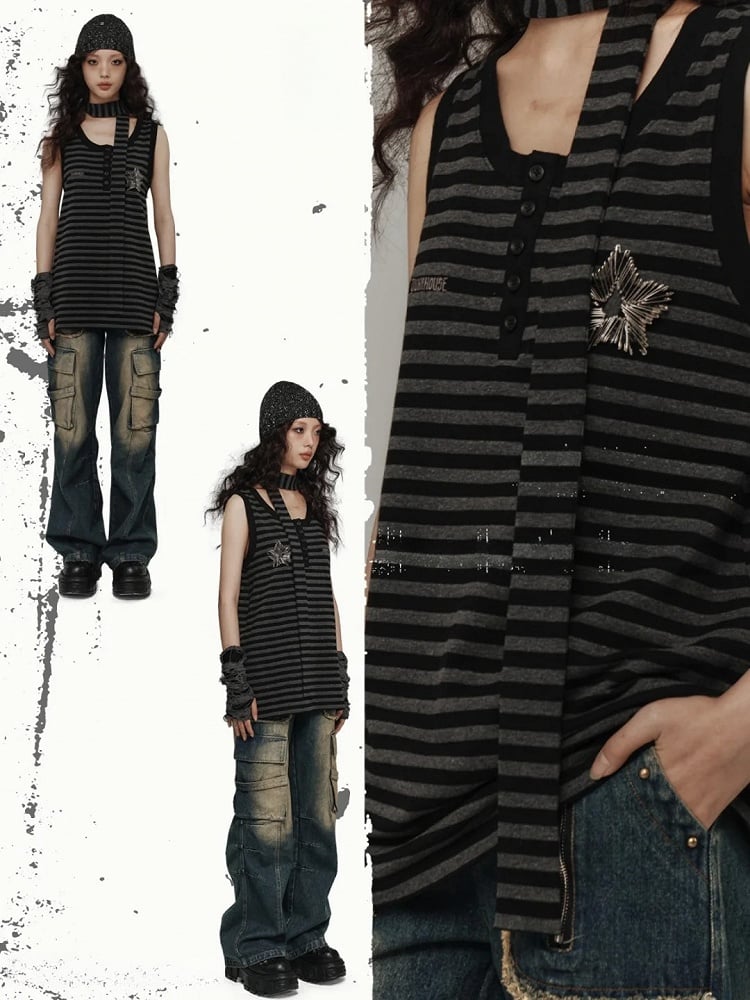 Punk Pins Star Black and Gray Striped Loose Tank Top with Scarf