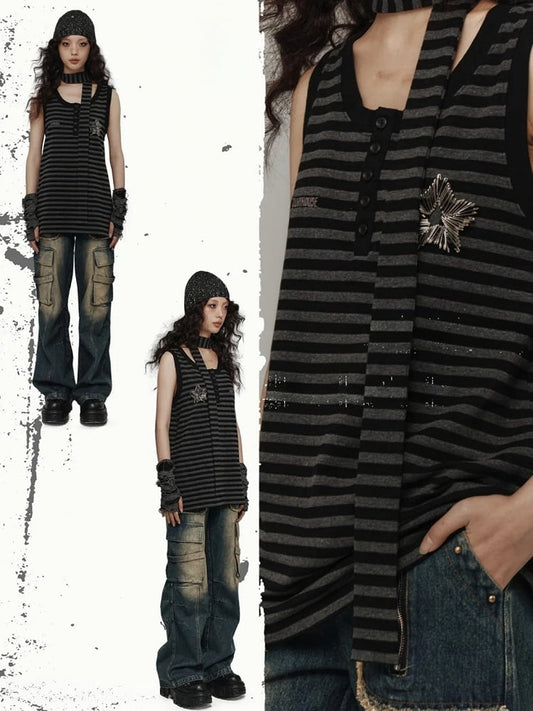 Punk Pins Star Black and Gray Striped Loose Tank Top with Scarf