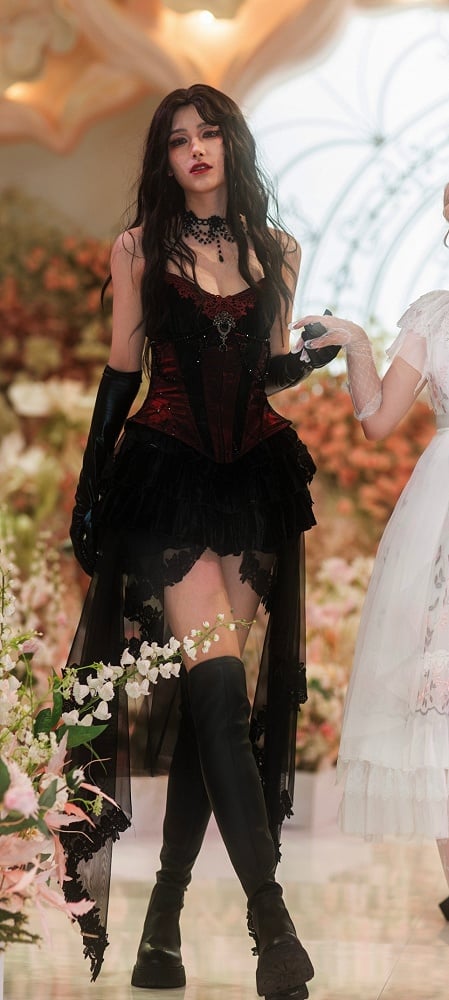 Victorian Goth Spiderweb Lace Wine Red Vampire Boned Corset