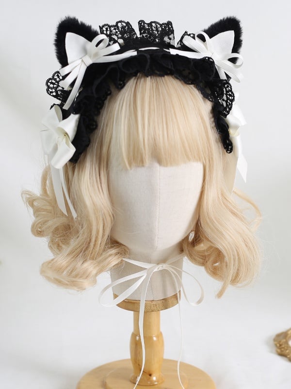 5 Colors Sweet Lolita Bowknot Lace Hairband with Detachable Plush Kitty Ears
