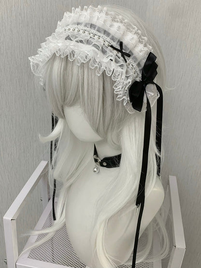 Black/White Studs Decorated Bowknot Details Ruffled Hairband