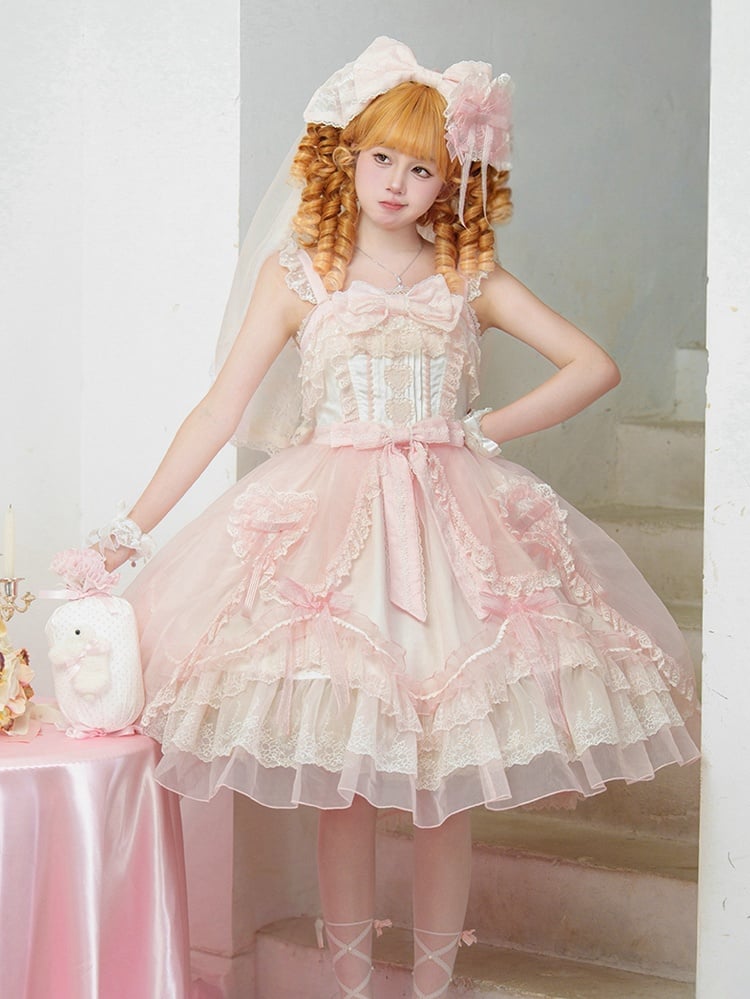 Pink Scalloped Edge Trim Overlay Skirt Princess Lolita Jumper Skirt
