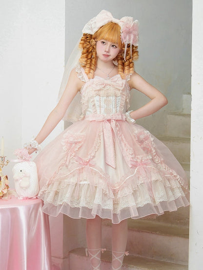 Pink Scalloped Edge Trim Overlay Skirt Princess Lolita Jumper Skirt