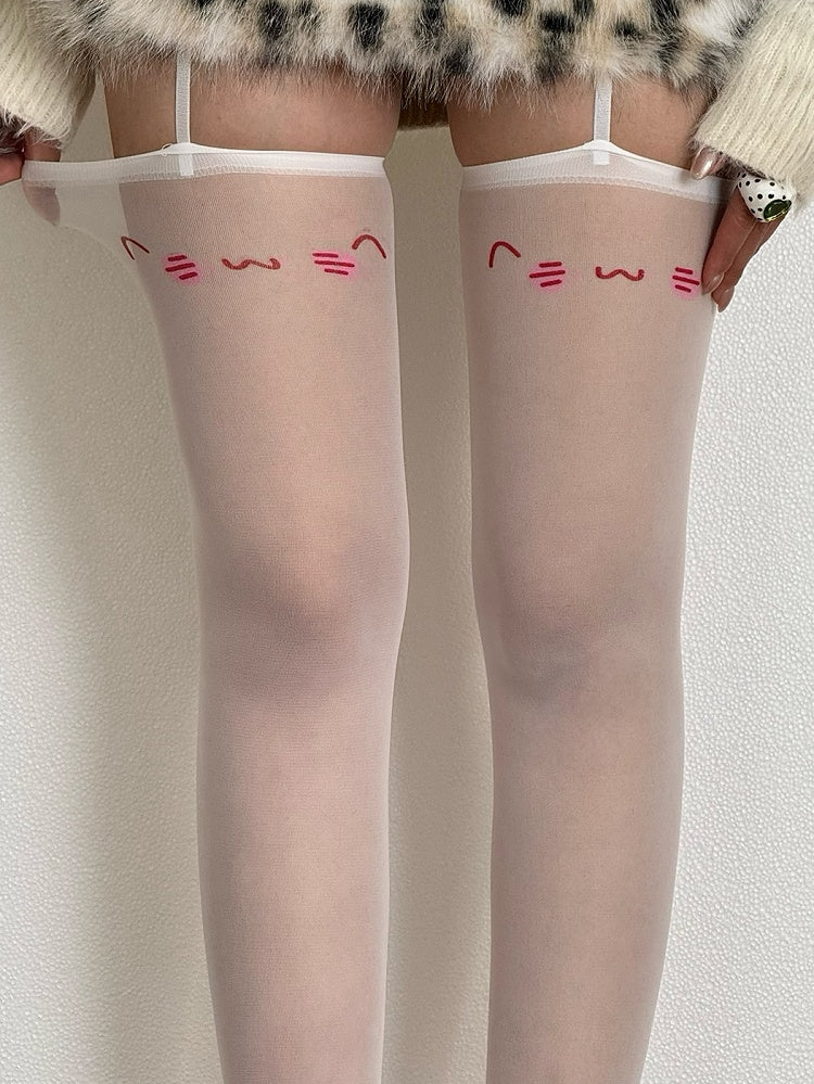 Blue/Pink Sweet Lolita Smile Print Suspender Stockings