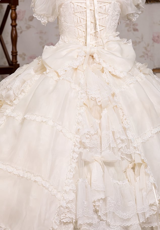 Gorgeous Hanayome Lolita Creamy White Bow Accents Wedding Dress / Full Set