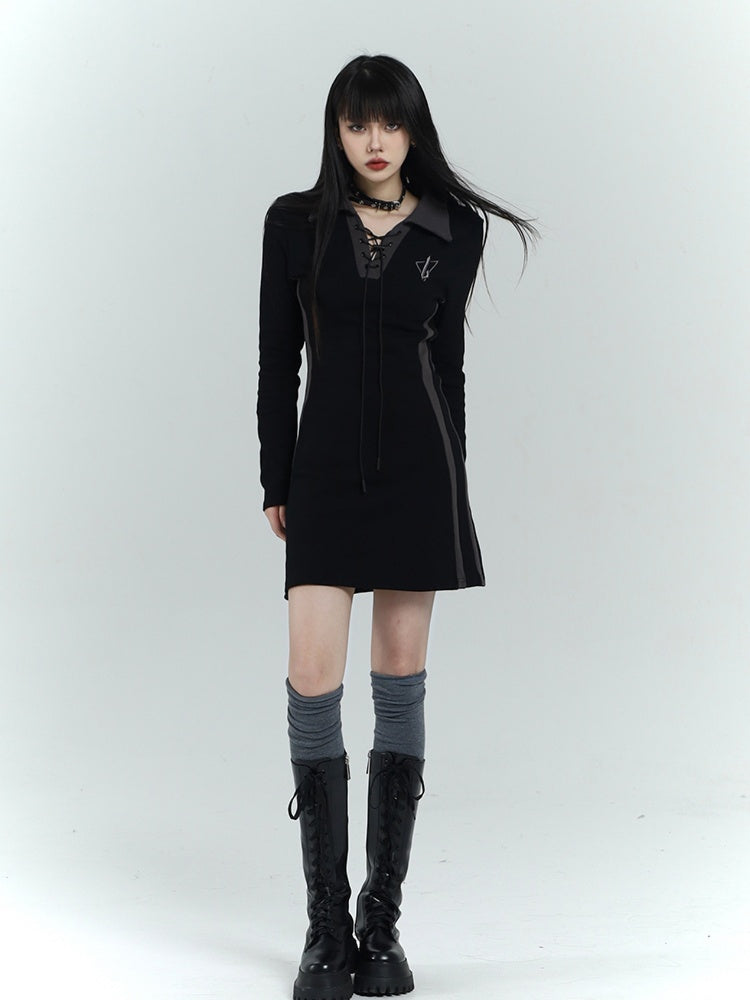 Gothic Black Short Version Dress with Lace-up Detail at Front
